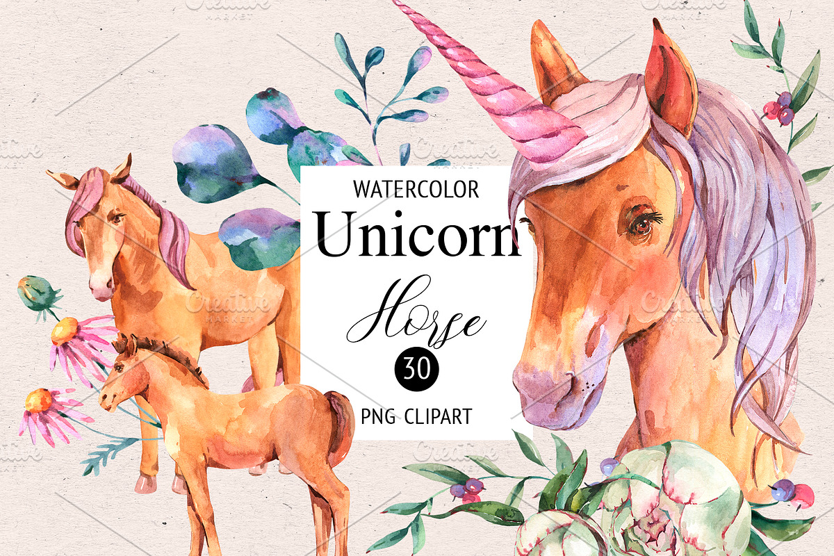 Watercolor Horse Unicorn Clipart, an Animal Illustration by Belusuab (Photo 7 of 18)