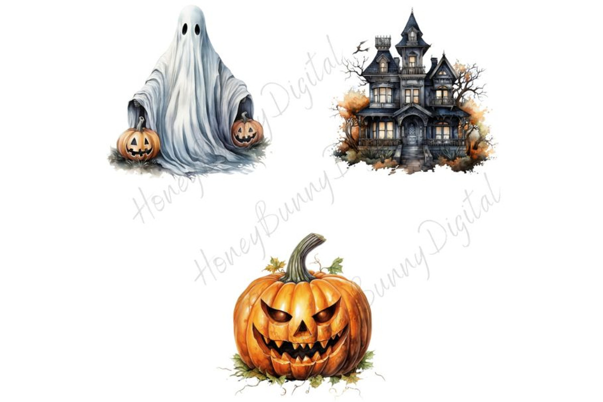 Watercolor Halloween Clipart, a Decorative Illustration by HoneyBunnyDigital (Photo 2 of 7)