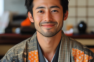 Japanologist. A young man wearing a traditional Japanese kimono, smiling warmly, a Person Photo by Textures & Backgrounds