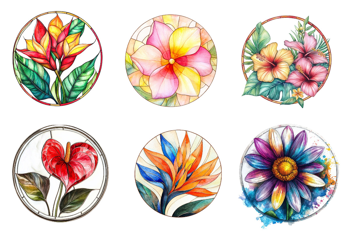 Round Stained Glass Tropical Flowers, an Illustration by CreationArt (Photo 2 of 4)