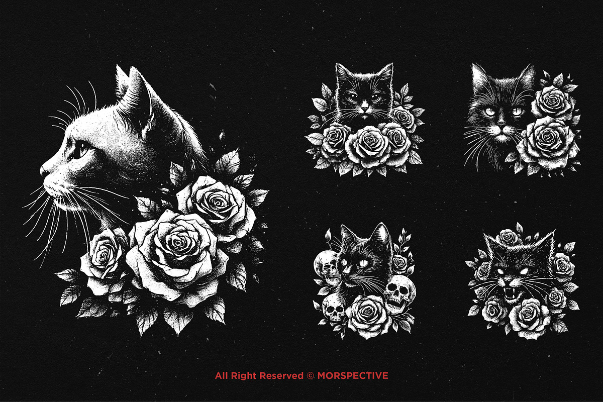 10 Bundle Dark Art Cat Floral Rose, an Illustration by Morspective (Photo 5 of 7)