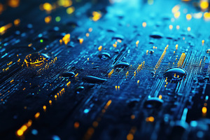 Close-up of a wet surface with droplets, illuminated by blue and yellow lights,, an Industrial Photo by Textures & Backgrounds