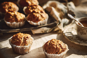 Freshly baked muffins on a light fabric table, warm sunlight ill, a Photo by Studio ANNA