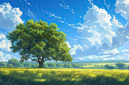 Lush green field under blue skies wi, a Photo by LOGOCREATIVE