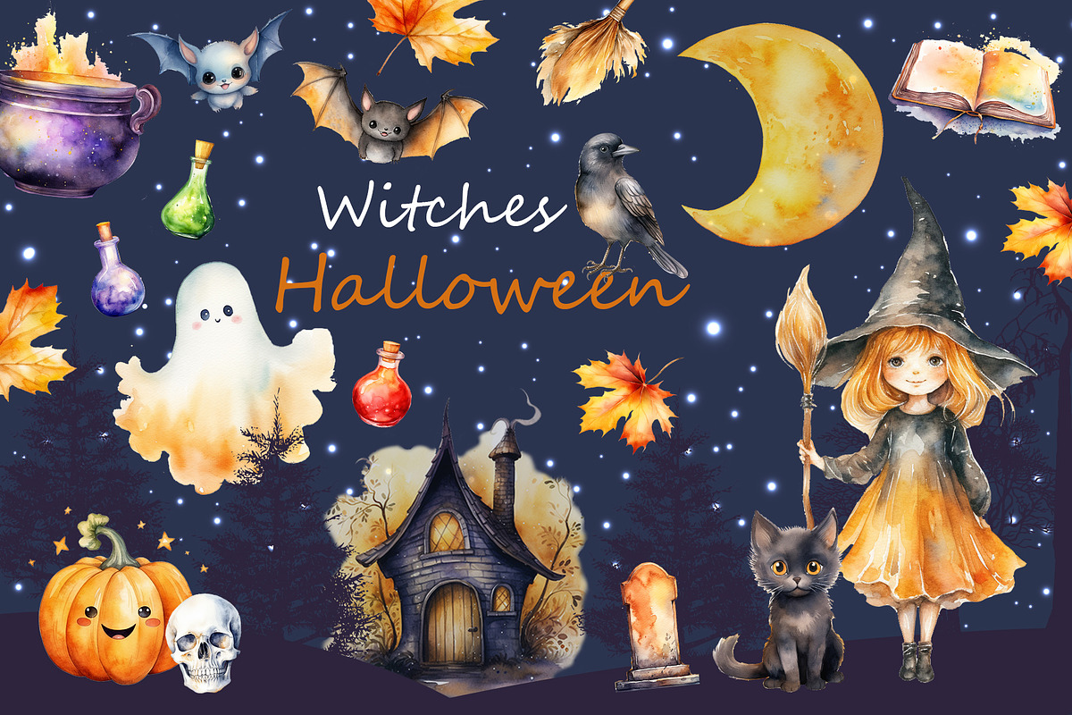 Watercolor halloween party witch png, an Object Graphic by KomtsyanTatyanaArt (Photo 1 of 4)