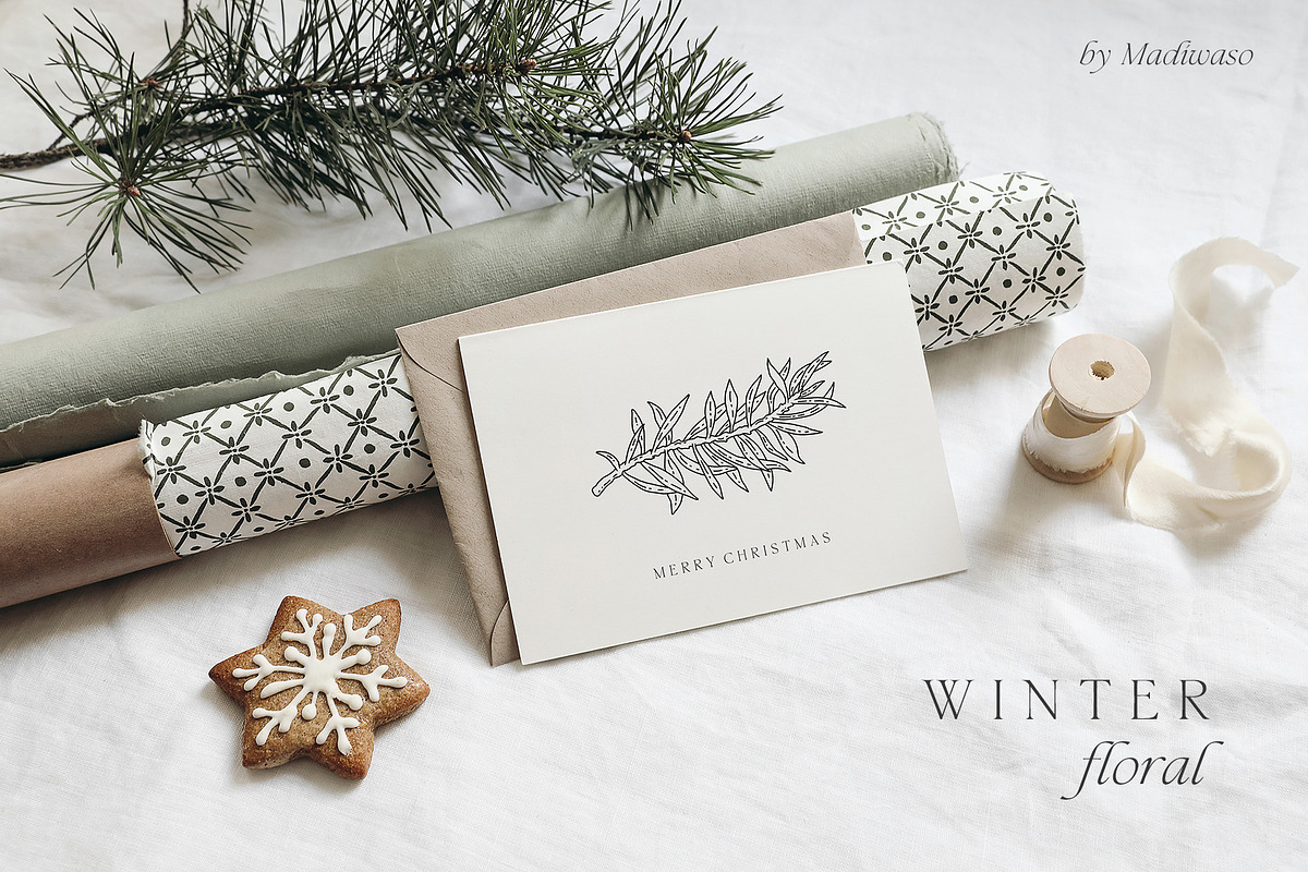 WINTER FLORAL Christmas line art set, a Decorative Illustration by Madiwaso (Photo 2 of 9)