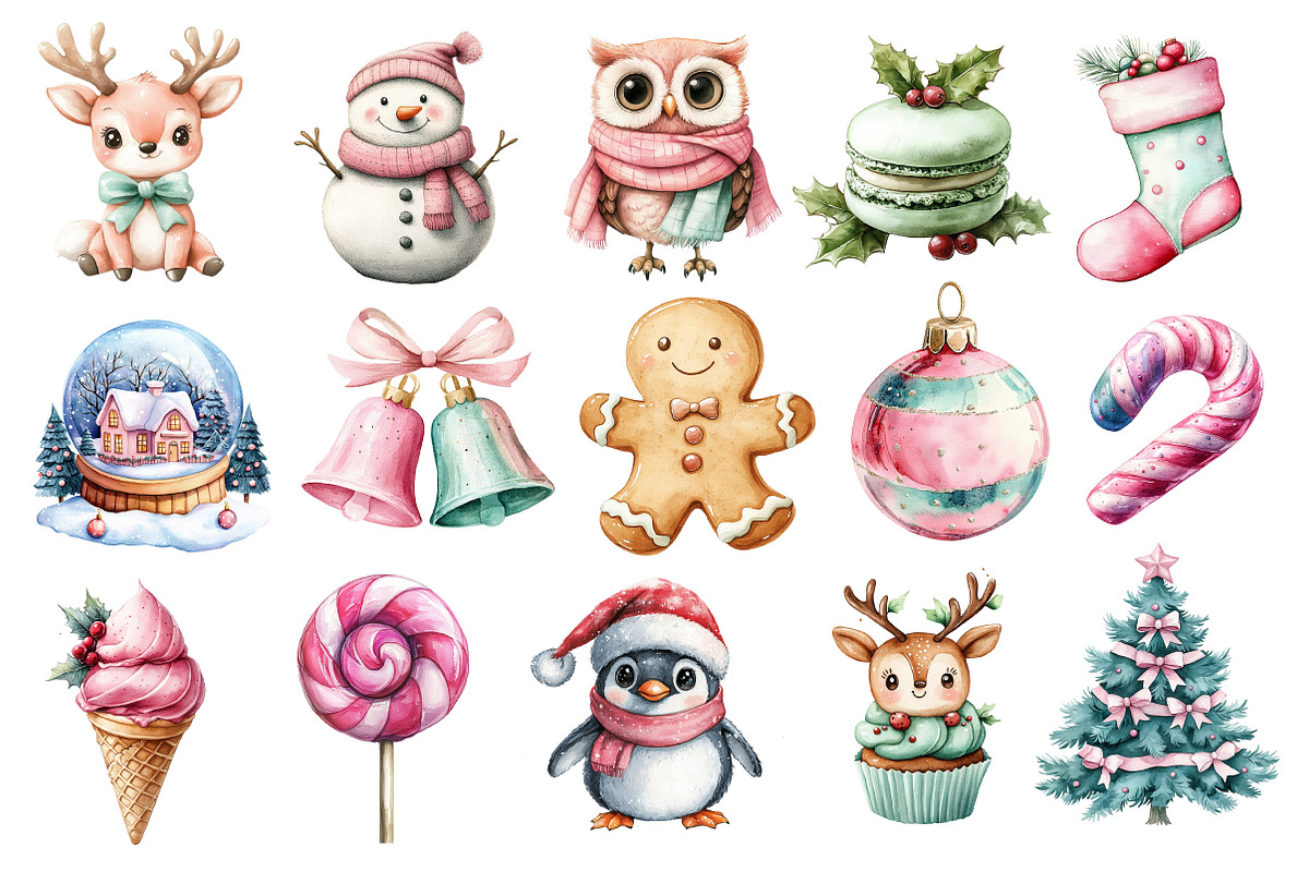 Kawaii Pink Mint Christmas Clipart, an Illustration by Dream Creation (Photo 3 of 4)