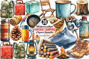 Watercolor Vintage Camping Clipart, an Illustration by Canvas Craft