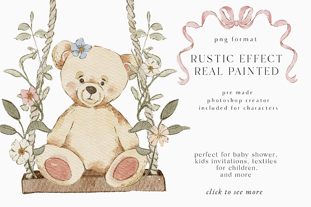 Teddy Bear & Bunny Watercolor spring, a Decorative Illustration by Grace Noboa Illustrations (Photo 2 of 14)