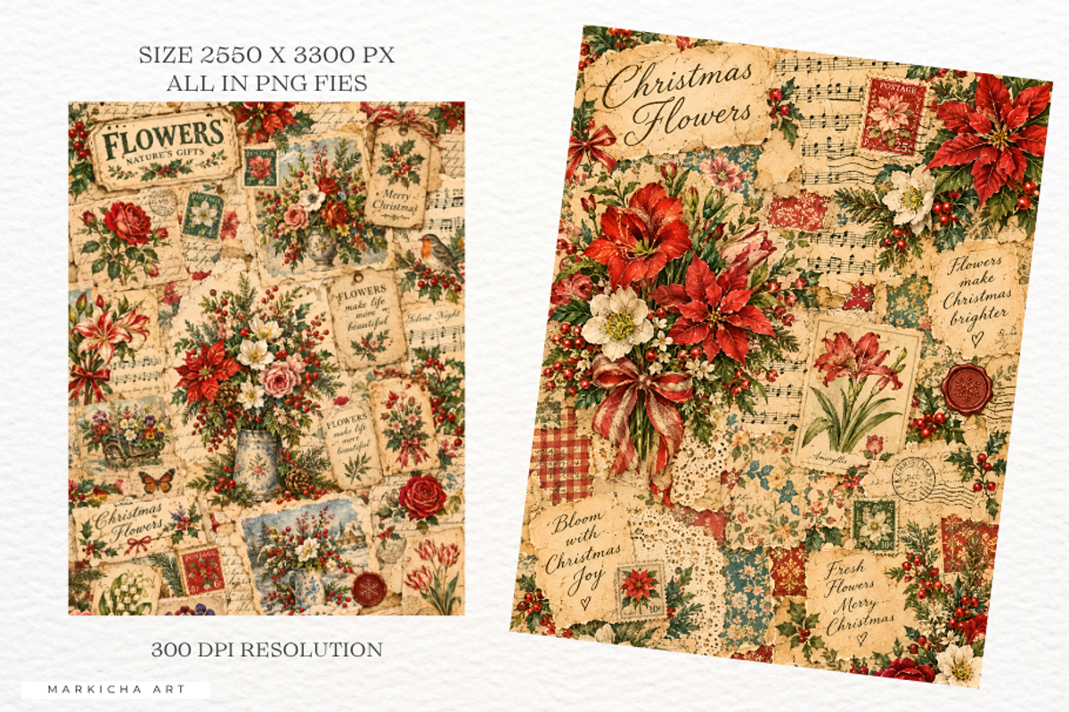 Flowers in Christmas Junk Journal, a Background Graphic by Markicha Art (Photo 3 of 5)