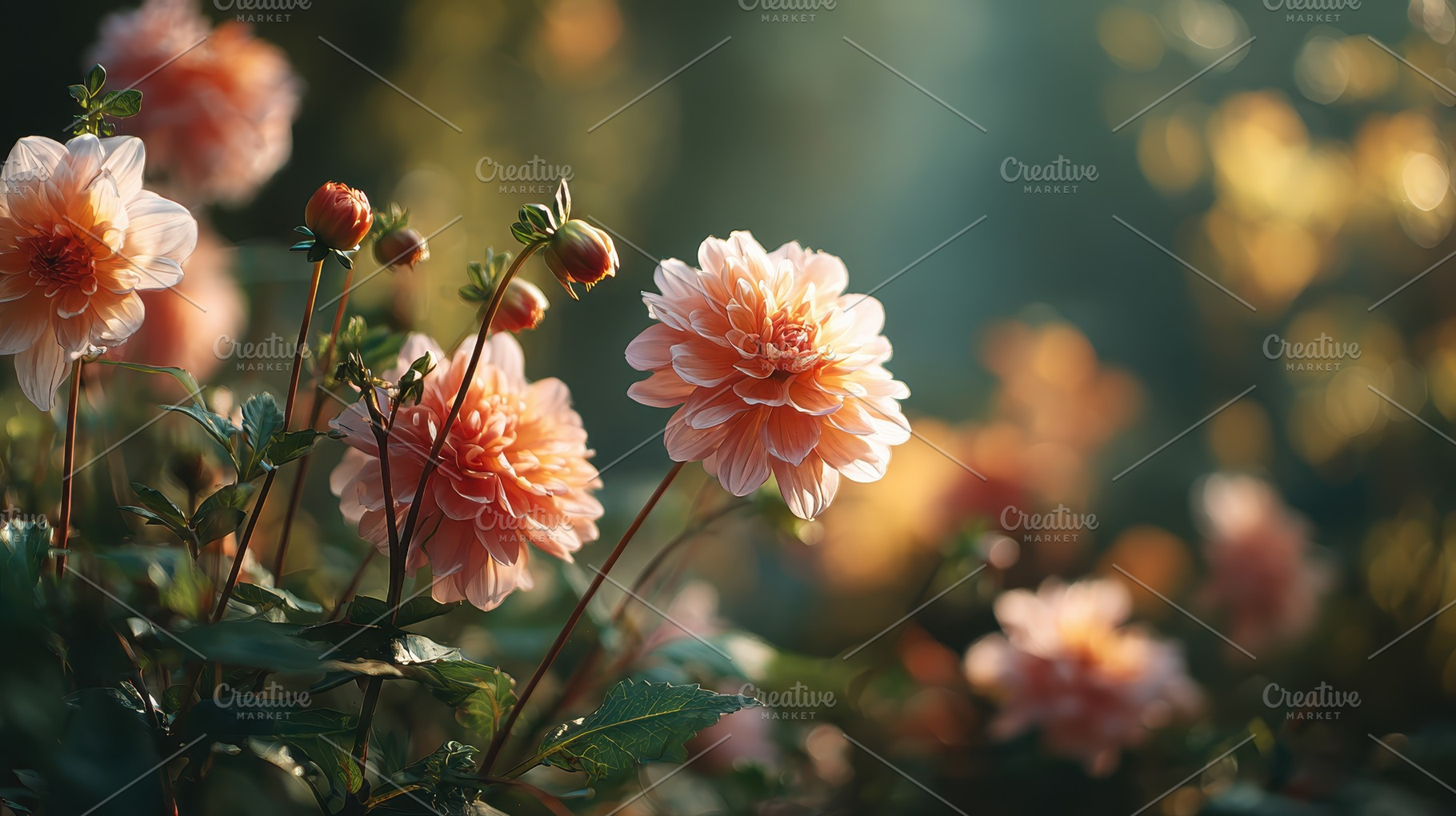 Peach Dahlias Blooming in Sunlight G, a Photo by Pixeness Studio