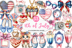 Coquette 4th of July Clipart, an Illustration by Watercolor design