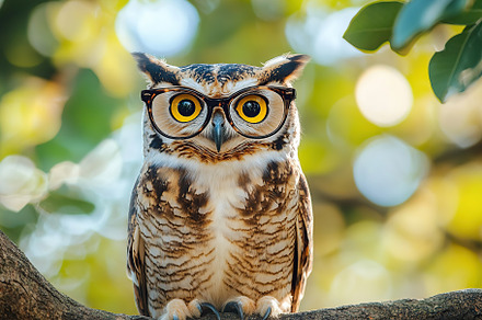 Great wild owl perched in a tree branch, an Animal Photo by AlyaAnd
