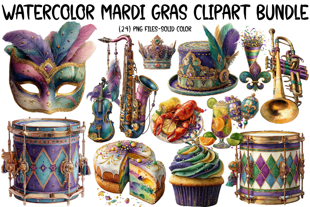 Watercolor Mardi Gras Clipart Bundle, an Illustration by Designworld (Photo 1 of 5)