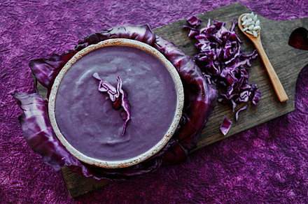 chopped raw red cabbage and red cabbage soup, a Photo by Nito