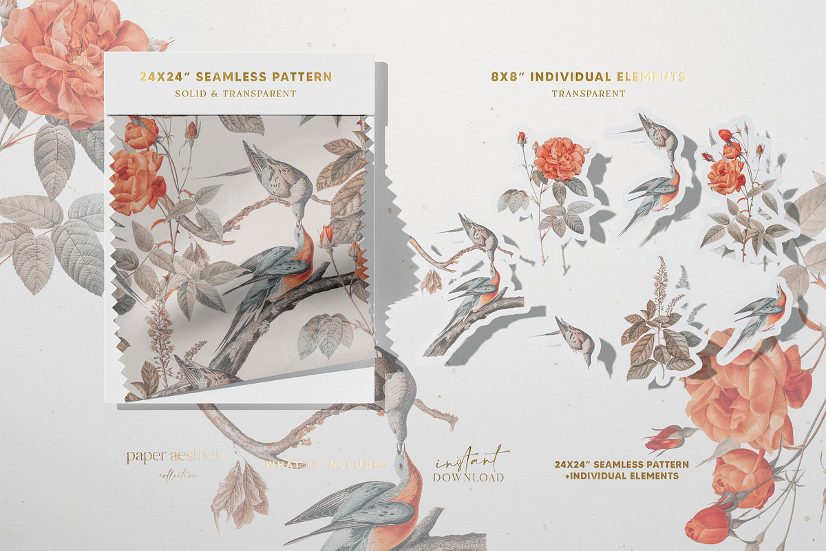 Orange Flowers and Birds Pattern, a Pattern Graphic by paper aesthetic (Photo 5 of 9)