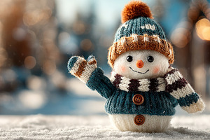 Cute snowman in knit hat and scarf waving on snowy evening with, a Holiday Photo by José Manuel Gelpi