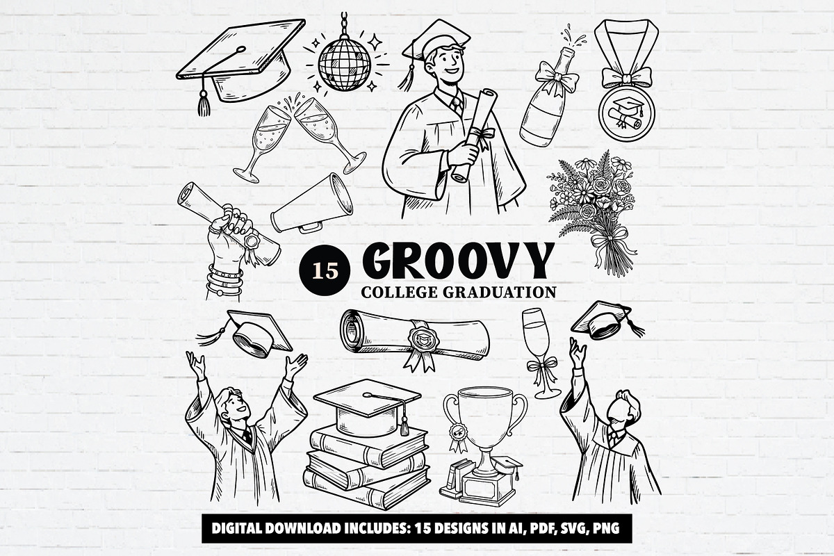 Groovy Graduation Clipart Bundle, an Object Illustration by Guavanaboy (Photo 1 of 3)