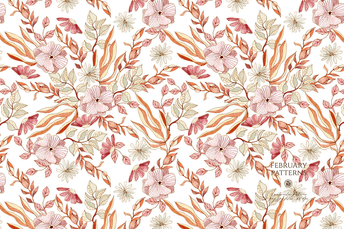 February Patterns - watercolor set, a Pattern Graphic by Webvilla Studio