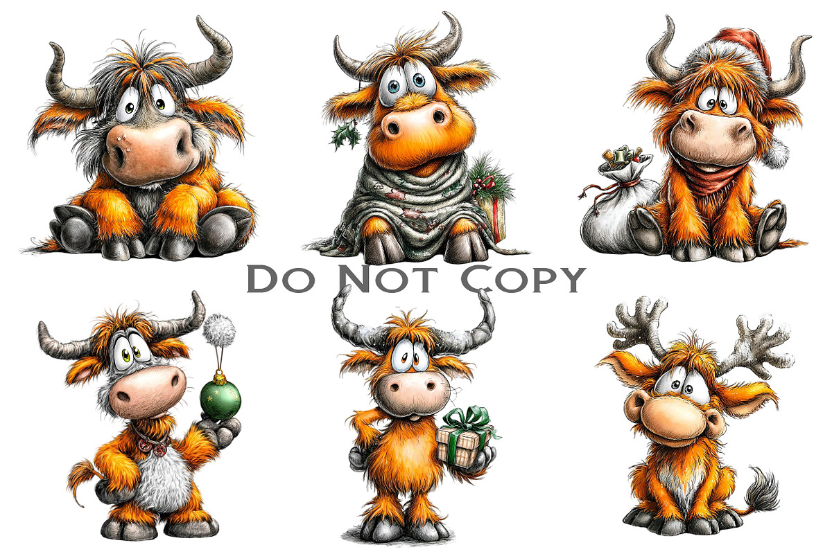 Funny Christmas Highland Cow Clipart, an Illustration by Craft Nest (Photo 5 of 8)
