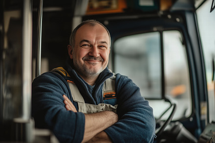 A smiling bus truck driver leaning against the door of his truck, wearing a blu, a Person Photo by Textures & Backgrounds