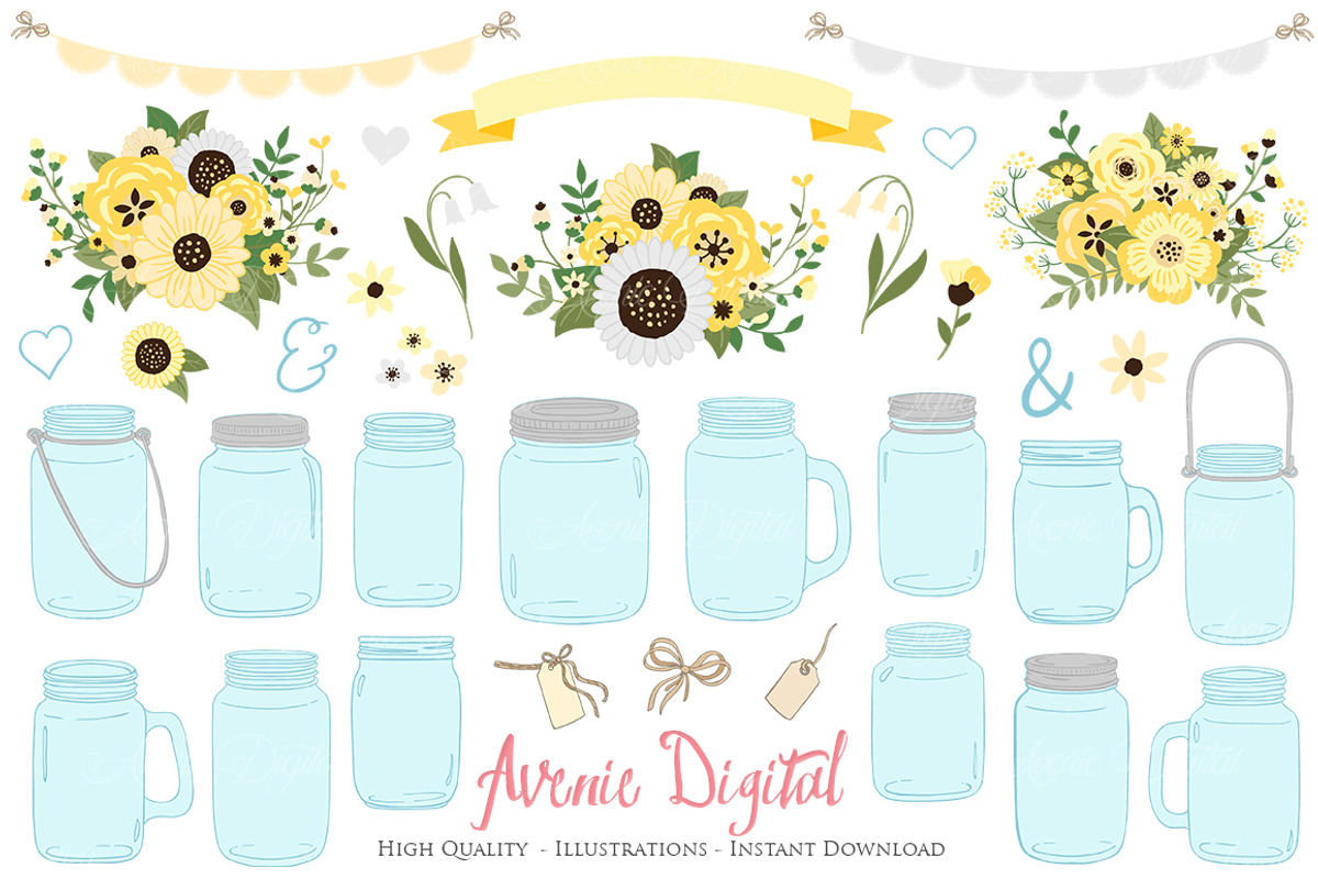 Yellow Floral Mason Jars Cliparts, an Object Graphic by Avenie Digital (Photo 1 of 2)