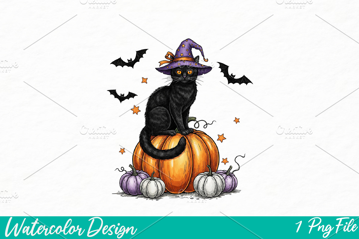 Black Cat Pumpkin Png, an Illustration by Watercolor design (Photo 1 of 3)