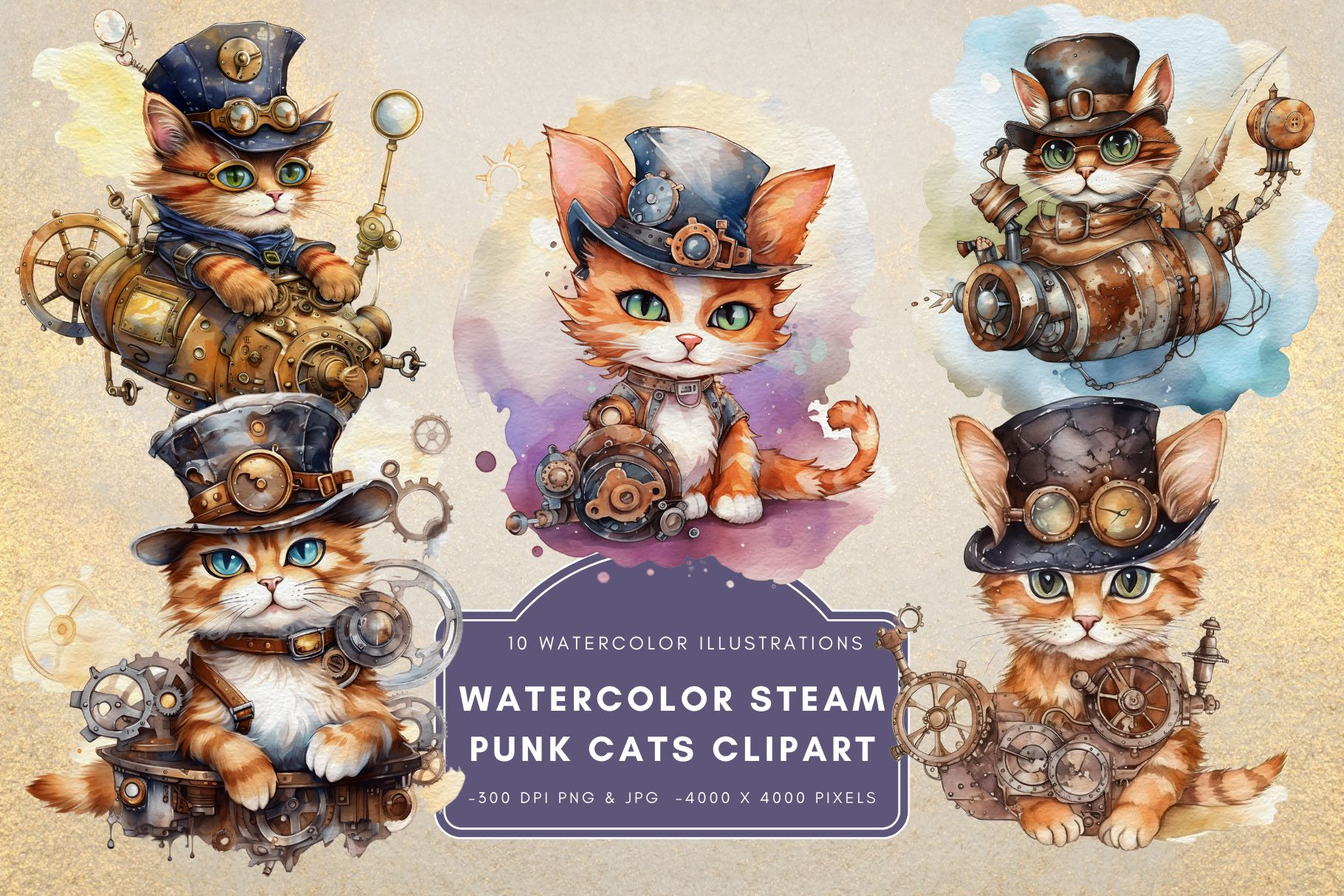 Watercolor Steam Punk Cats Clipart, an Animal Illustration by ...