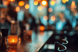 Cozy bar setting warm lighting candl, a Photo by Pixeness Studio