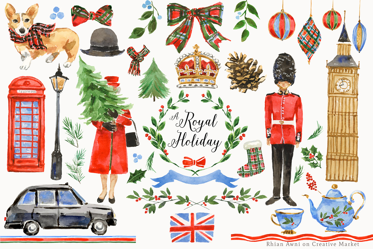 A Royal Holiday Watercolor Clipart, a Decorative Illustration by RhianAwni (Photo 1 of 10)
