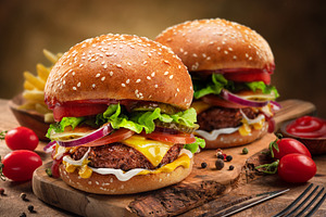 Tasty cheeseburgers on wooden tray, a Food & Drink Photo by Volff