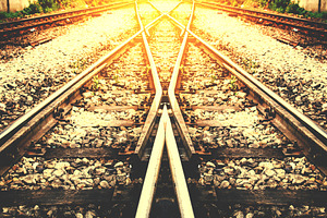 Rail way containing train, rail, and railway