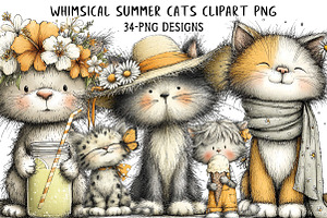 Whimsical Summer Cats Clipart Png, an Illustration by Daily.Designs