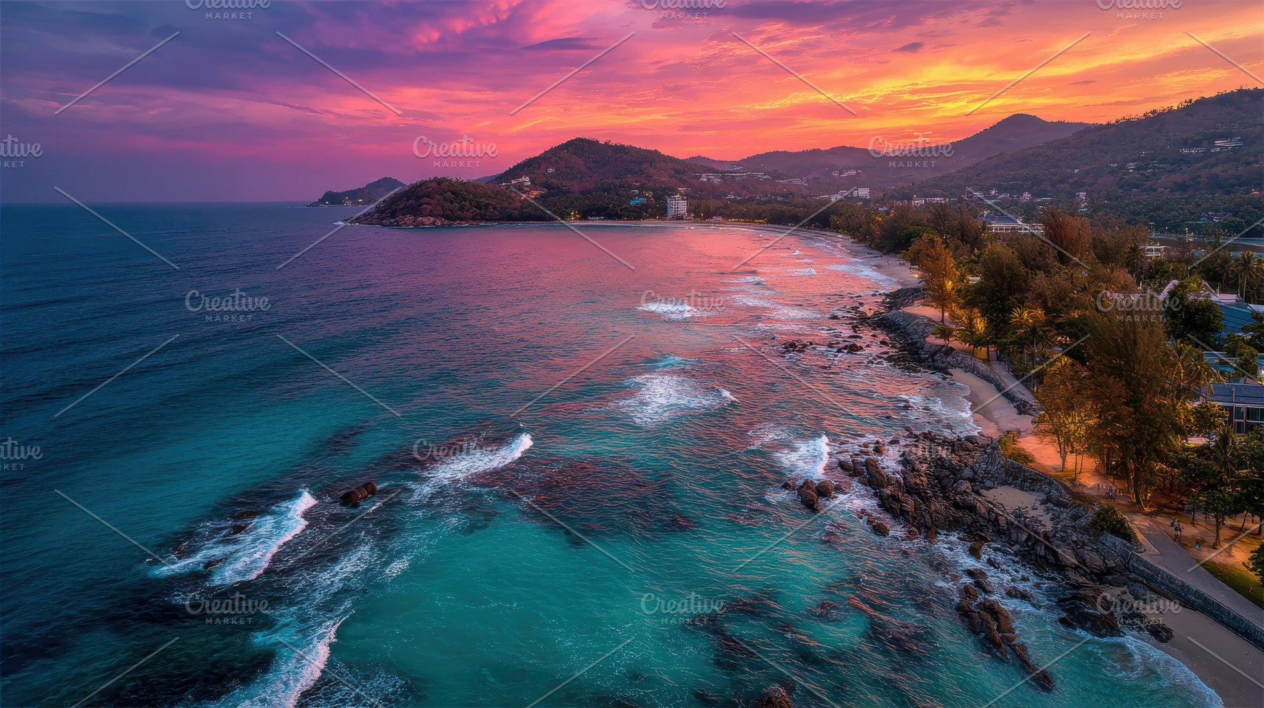Stunning sunset over tropical beach, a Photo by Pixeness Studio
