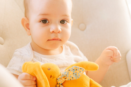 Portrait of a nine month old baby with a stuffed bunny sitting in a rocking cha