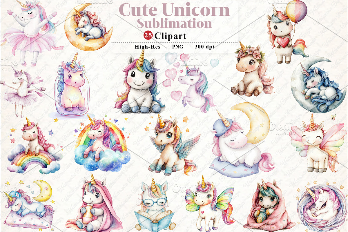Watercolor Cute Unicorn Clipart, an Illustration by Watercolor design (Photo 1 of 11)