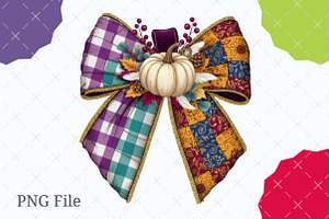 Patchwork Thanksgiving Fall Bow Png, an Illustration by designcity5