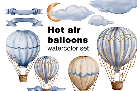 Hot air balloons watercolor clipart, an Object Illustration by Pattern + watercolor
