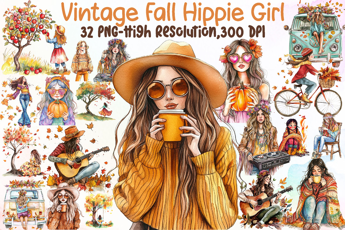 Vintage Fall Hippie Girl Clipart Bun, an Illustration by Sublimation Artist (Photo 1 of 6)