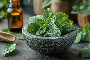 Small bottle of mint essential oil with mint leaves in mortar, a Food & Drink Photo by AlyaAnd