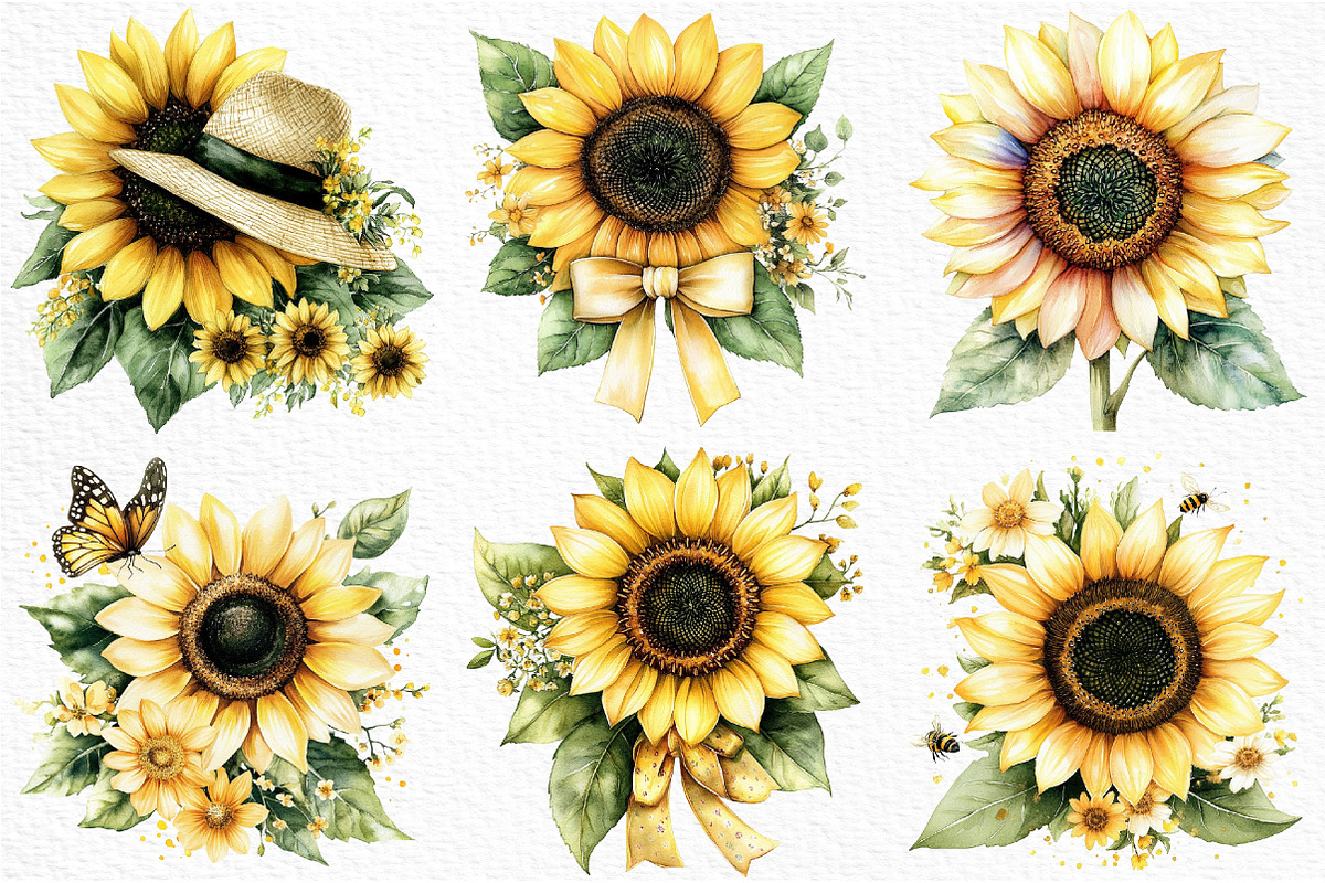 Watercolor Sunflower Summer Clipart, an Illustration by Craft Nest (Photo 3 of 12)