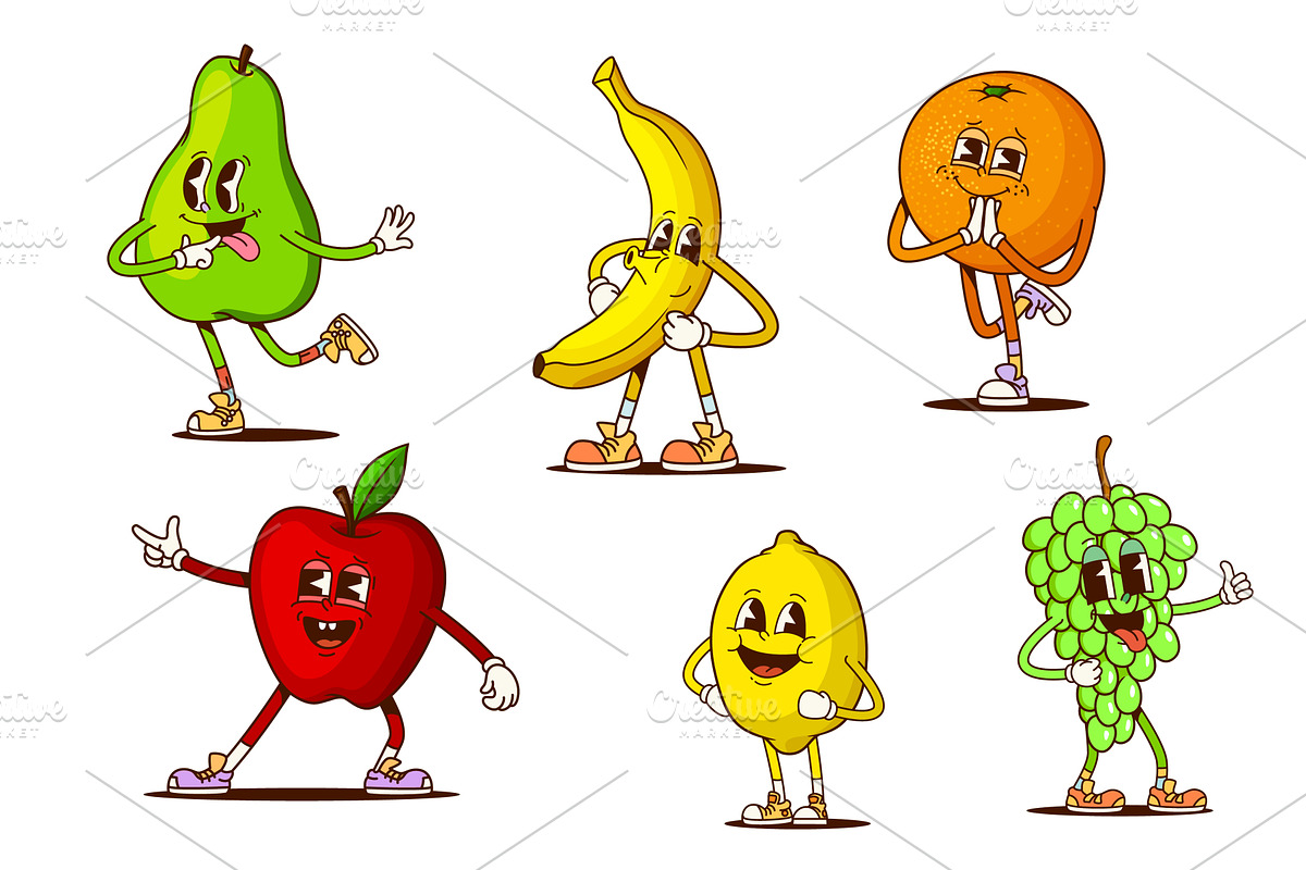 Groovy fruit characters, y2k, a Food Illustration by Vector Tradition