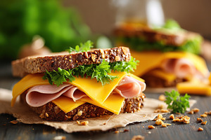 Delicious ham and melted cheese sandwich with fresh lettuce on whole grain brea, a Food & Drink Photo by AlyaAnd