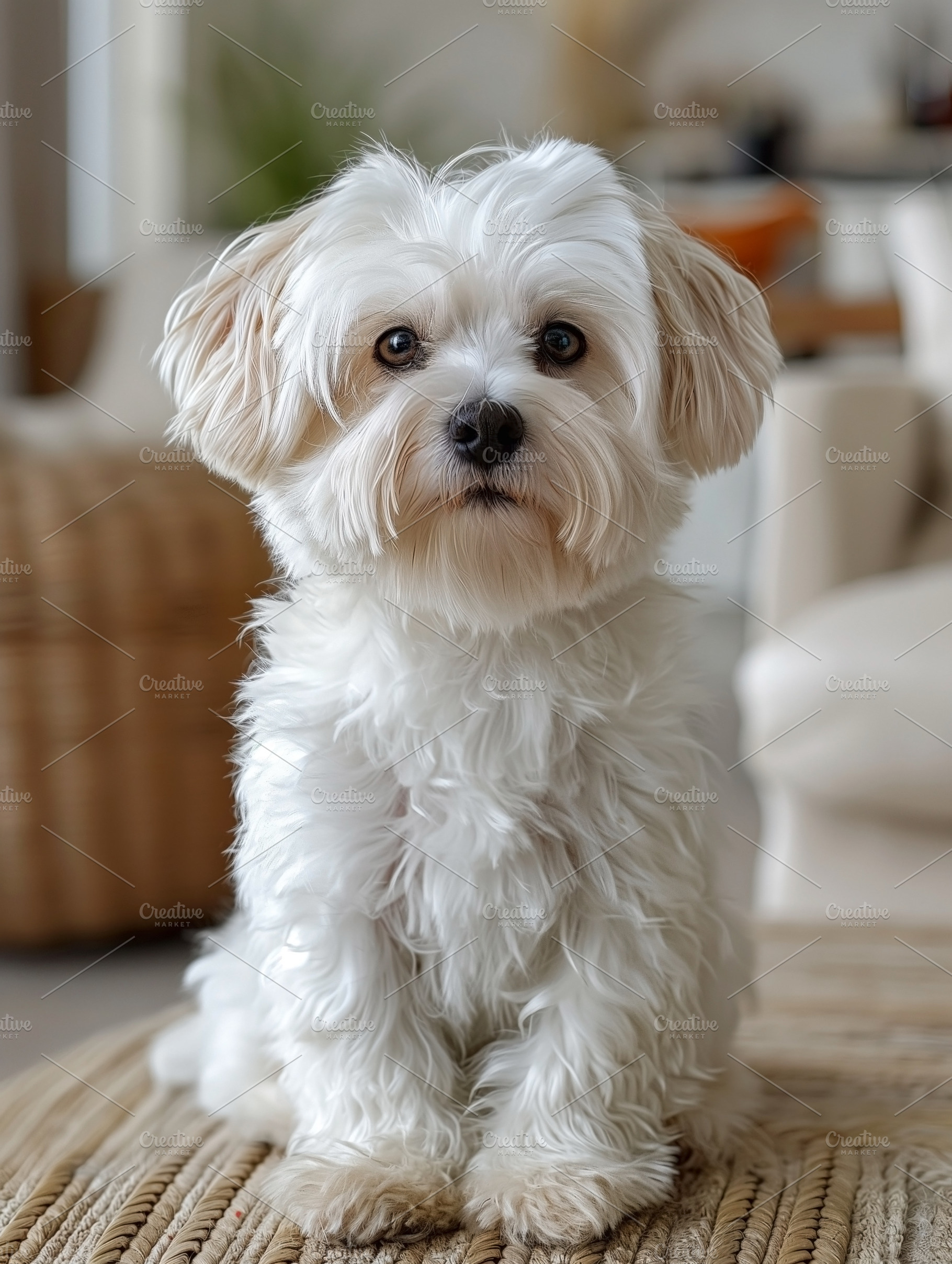 A small, fluffy white dog sits gracefully, showcasing its soft fur and attentiv, an Animal Photo by ImageMir