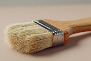 Close-up of a wooden paintbrush with soft bristles, resting on a pale backgroun, a Business Photo by ImageMir