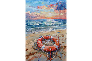 Life Ring and Anchor Beach Scene Art, an Animal Illustration by Art Paradise Studios