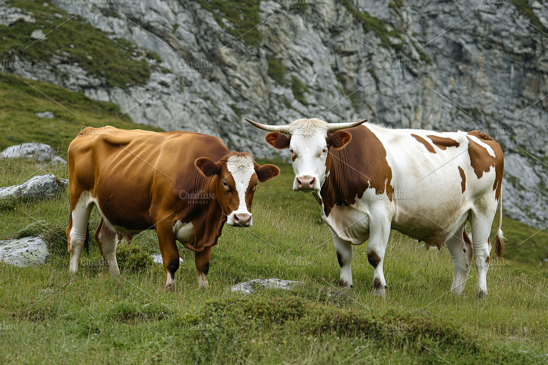 Cows on green field on a farm, an Animal Photo by AlyaAnd