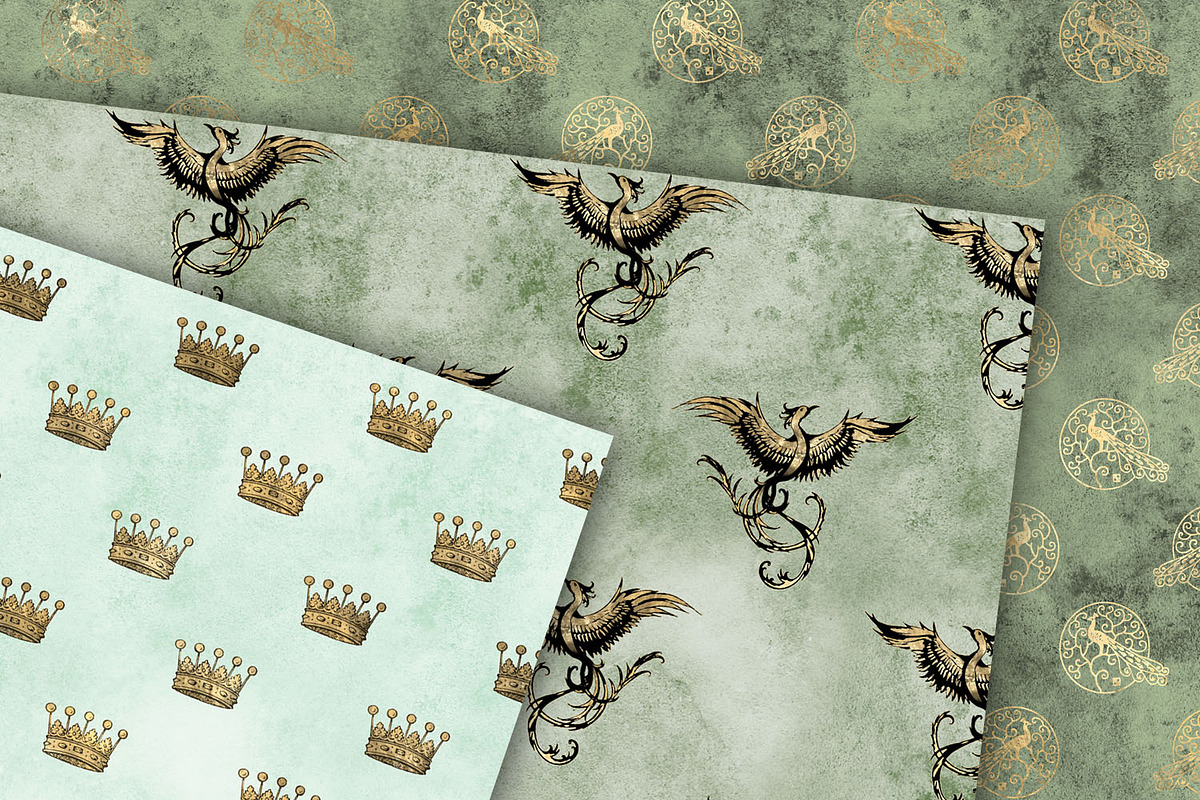Sage & Gold Peacock Digital Paper, a Pattern Graphic by Digital Curio