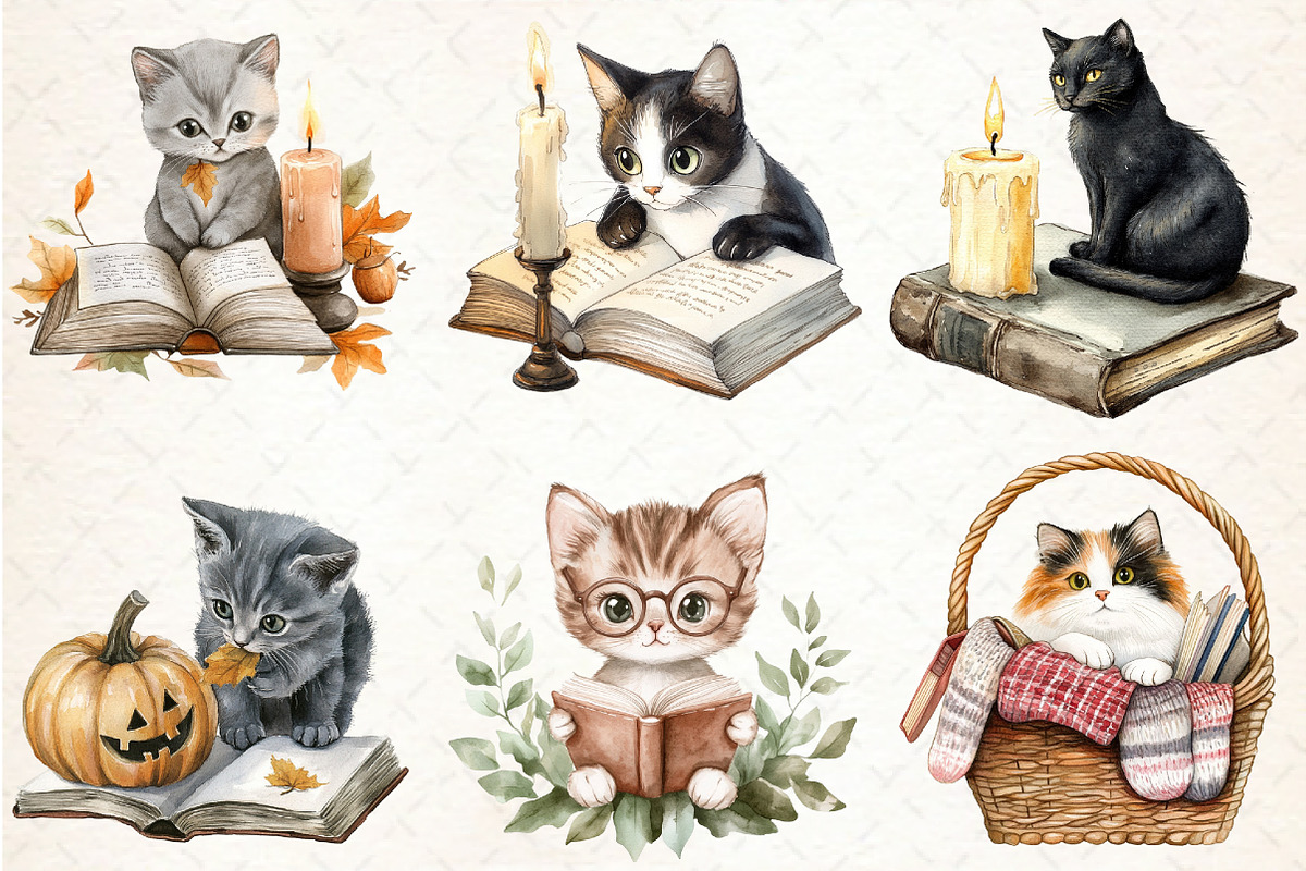 Cat and Book Fall Vibes Clipart, an Illustration by Libby Wishes (Photo 4 of 6)