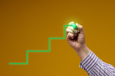 green steps drawn by a hand on a yellow background. Career growt, a Business Photo by ndanko
